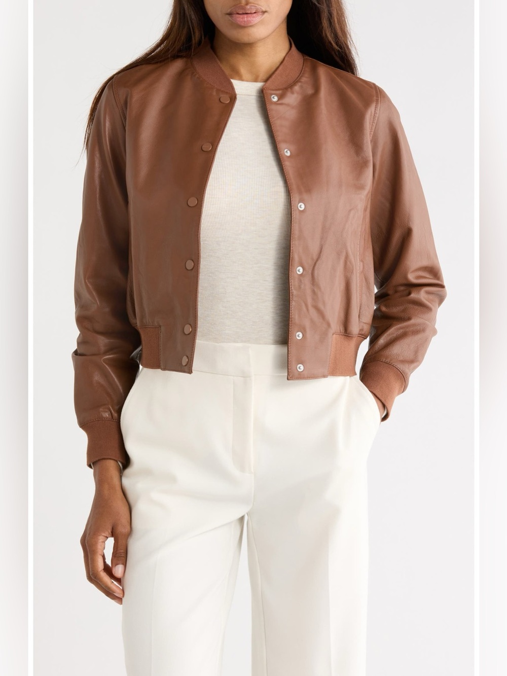 AllSaints Riley Leather Bomber Jacket Size Small Cognac Brown